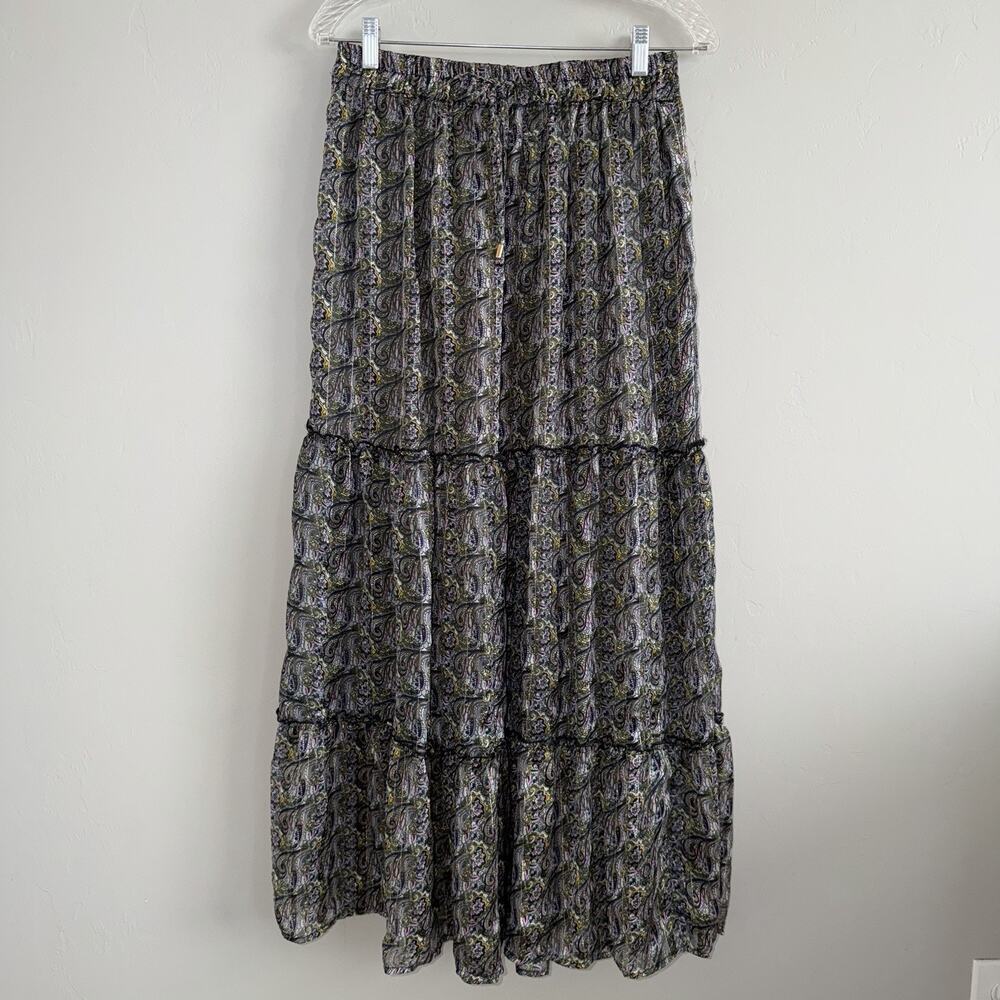 Gypsie Blu Woman’s Tiered Maxi Skirt Sz M Paisley Metallic Boho Peasant Hippie